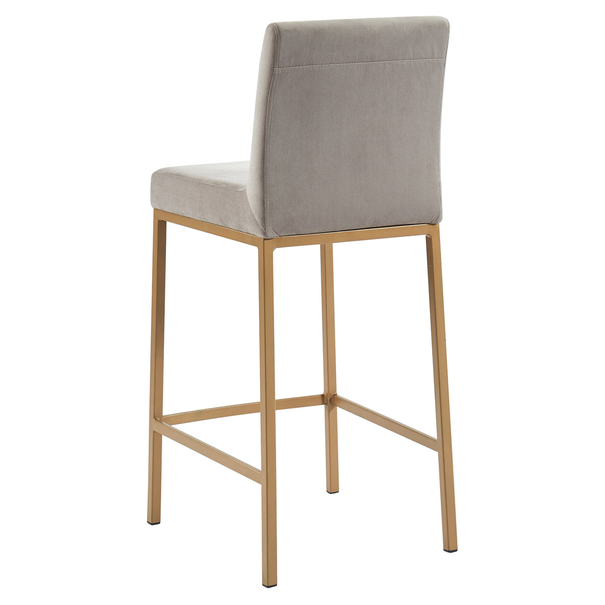 Diego 26-inch grey velvet counter stool with aged gold legs, back view