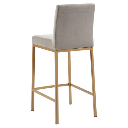 Diego 26-inch grey velvet counter stool with aged gold legs, back view