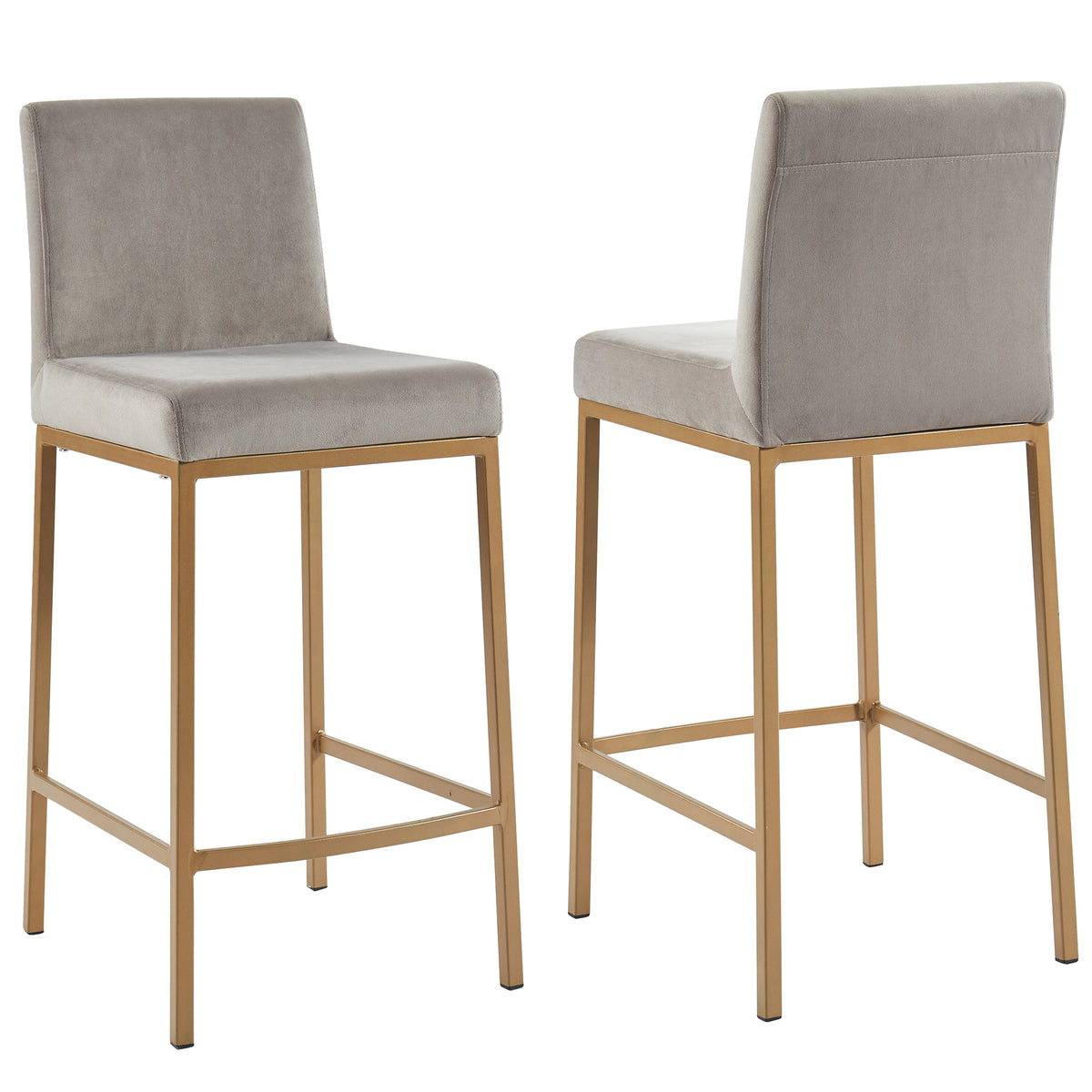 Set of two Diego 26-inch counter stools in grey and aged gold, front and back views