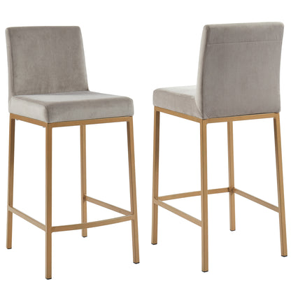 Set of two Diego 26-inch counter stools in grey and aged gold, front and back views