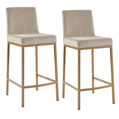 Pair of Diego 26-inch counter stools in beige velvet with aged gold legs