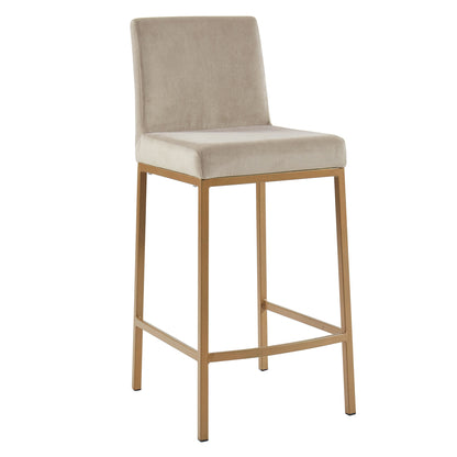 Diego 26-inch counter stool in beige velvet upholstery with matte aged gold metal legs, front view