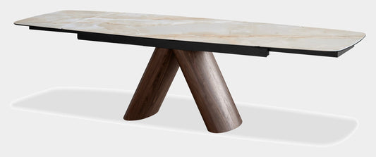Milano Dining Table in Crema — extendable ceramic-top dining table with walnut veneer base