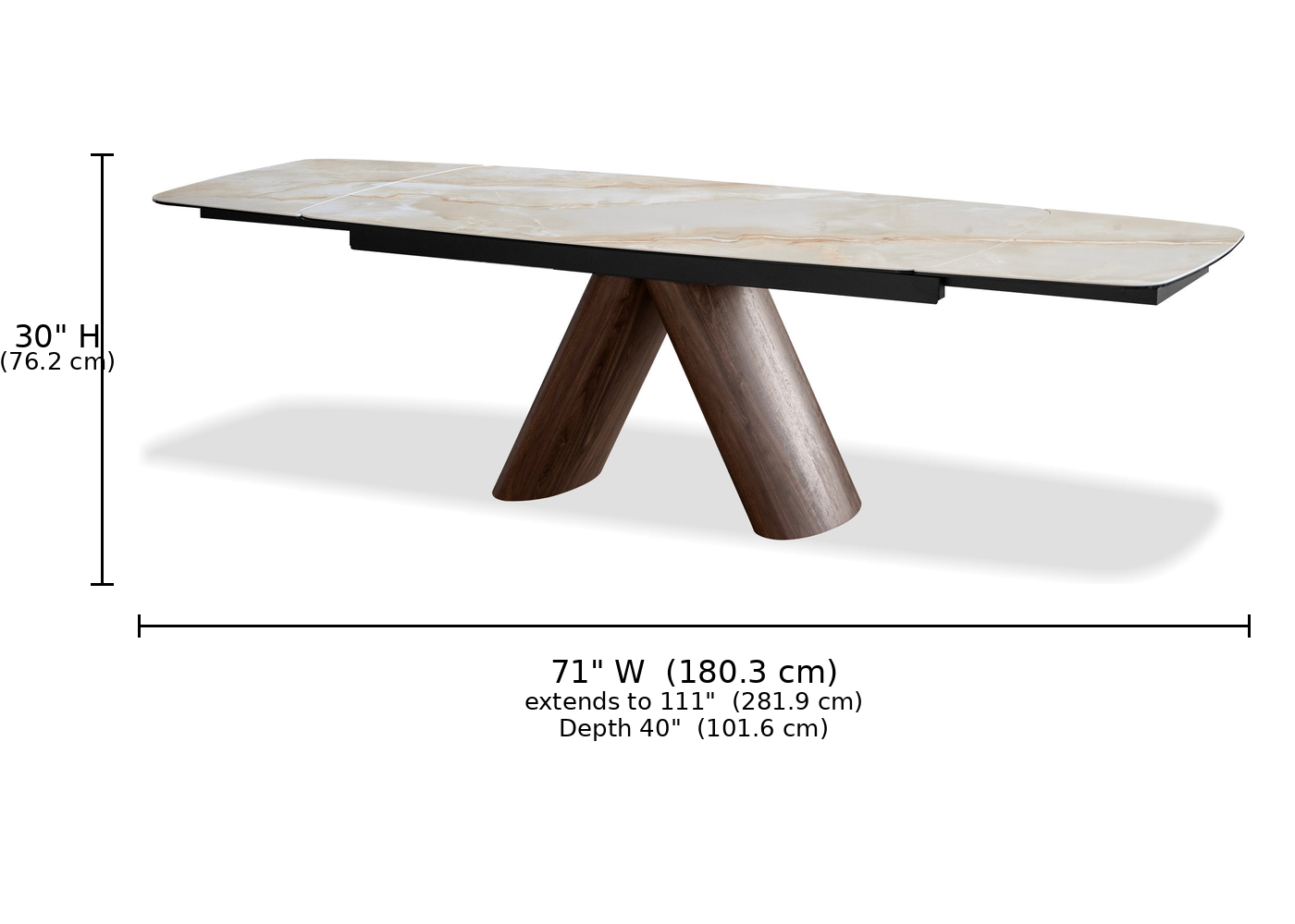 Milano Dining Table in Crema dimension diagram — 71 inches wide, 40 inches deep, 30 inches high, extends to 111 inches