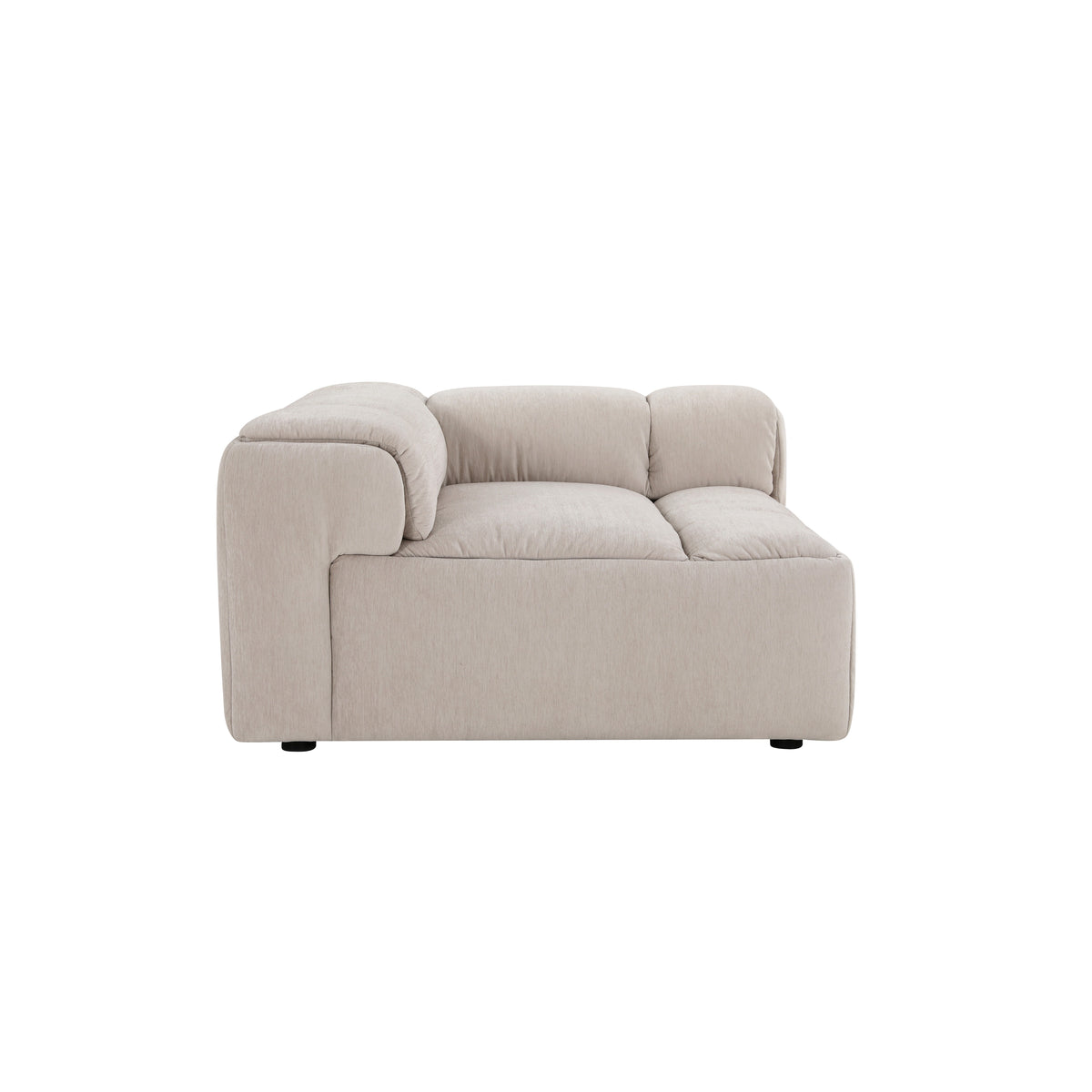 Modani Modular Sectional in beige, angled view of a two-seat armless module with plush seat cushions and padded side bolsters on a white background
