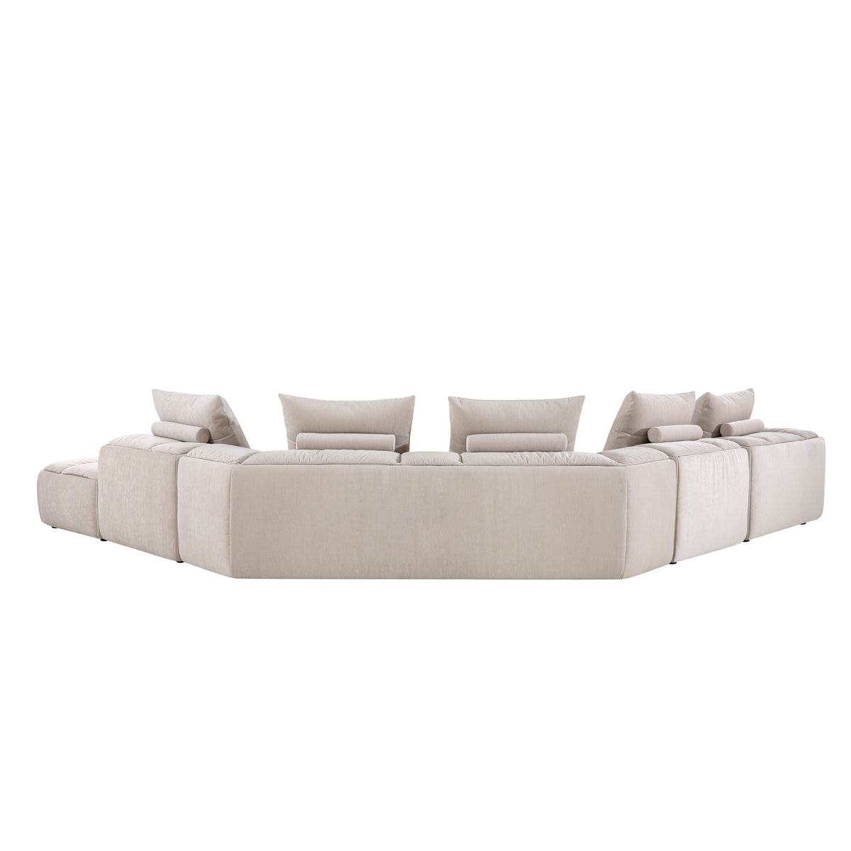 Modani Modular Sectional in beige, rear view of the full sectional showing the upholstered backrests and seat cushions above on a white background