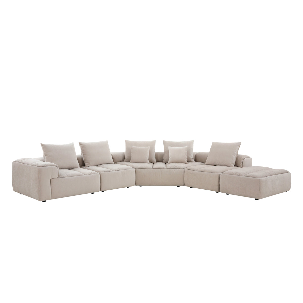 Modani Modular Sectional in beige, front view of the full U-shaped sectional arrangement with back cushions and end ottoman on a white background