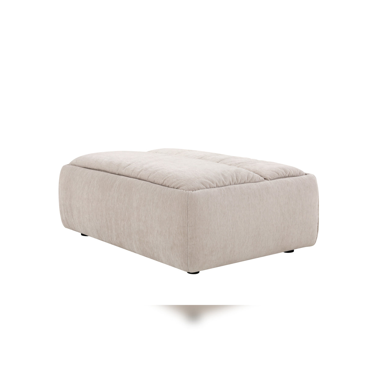 Modani Modular Sectional in beige, the matching upholstered ottoman with a plush cushioned top on a white background