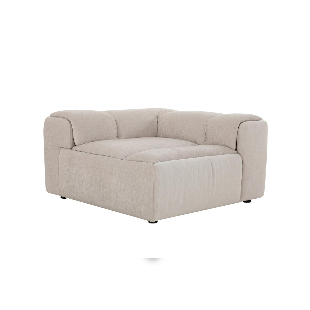 Modani Modular Sectional in beige, angled view of the corner module with backrests on two adjacent sides and a deep seat cushion on a white background